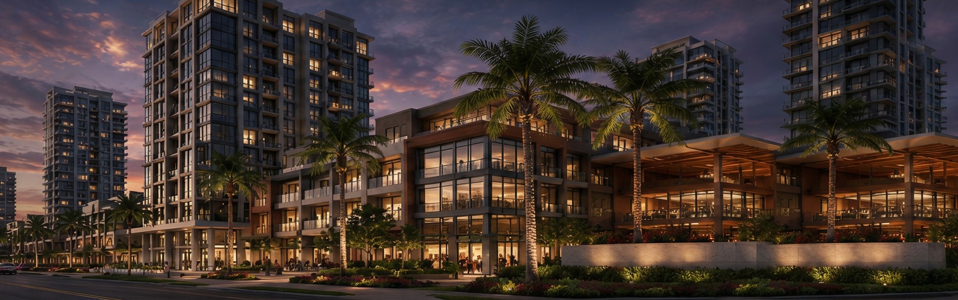 Mixed-use development at dusk