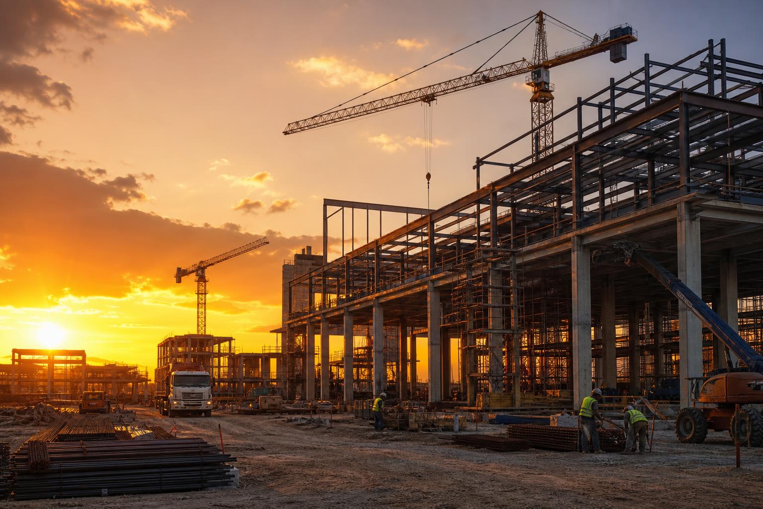 Active construction site at sunset with steel framework, cranes, and workers